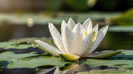A close-up shot presents a pristine white water lily, partially submerged among lily pads. The petals display delicate textures and water droplets, illuminated by sunlight. The naturalistic composition includes a blurred background. Suitable for illustrative or decorative uses, this image has potential for various applications.の素材