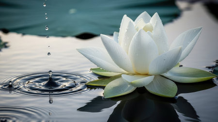 This image showcases a pristine white lotus flower floating on water, with water droplets creating concentric ripples. The composition highlights the flower's delicate petals and the water's surface in soft focus. The scene suggests a tranquil setting, with the lighting creating a serene atmosphere. Suitable for use in various visual projects.の素材