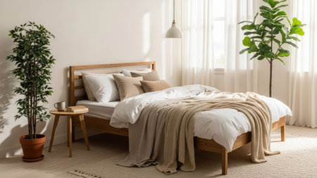 An inviting bedroom scene features a wooden bed with neutral bedding and decorative pillows. Soft sunlight streams through sheer curtains, illuminating the room. Lush potted plants enhance the natural ambiance. This image is suitable for use in home decor and lifestyle marketing campaigns.の素材