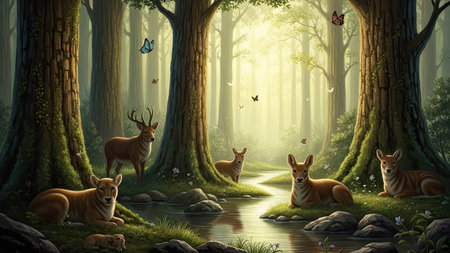 This image features deer in a serene forest environment. The composition showcases animals near a stream, surrounded by trees and vegetation. The scene employs natural lighting with a soft glow, suggesting a daytime setting. Ideal for use in projects related to nature, wildlife, or environmental themes.の素材