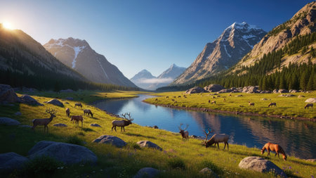 A herd of deer graze peacefully beside a river meandering through a scenic mountain valley. The landscape showcases a rich tapestry of green grass, rocky terrain, and towering mountains under a bright, clear sky. This image is suitable for various commercial uses, including advertising and editorial content.の素材