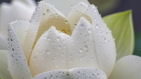 A close-up captures a white lotus flower, its petals adorned with droplets. The image showcases textures and the play of light on the flower. The composition emphasizes a natural setting, with a blurred background suggesting the outdoors. Suitable for various editorial or commercial projects.の素材