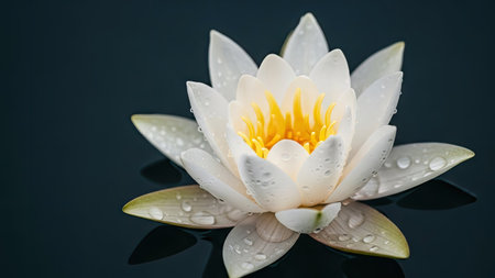 A close-up captures a pristine white water lily, showcasing delicate petals and a vibrant yellow center. Water droplets adorn the flower, suggesting recent rainfall. The composition presents a tranquil scene, enhanced by the dark, reflective surface beneath. This image is suitable for various commercial uses, including artistic designs and nature-themed projects.の素材