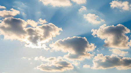 This image showcases a vibrant cloudscape featuring soft, white clouds against a bright, azure sky. The sunlight streams through the clouds, creating a sense of depth and luminosity. The composition suggests a day scene. Suitable for various uses, this image could be employed in both commercial and editorial contexts.の素材
