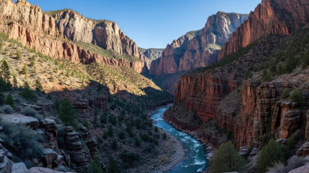 A scenic view captures a river flowing through a deep canyon, framed by high, textured rock walls. The image showcases natural color variations of the rock and water under a clear, blue sky. This panoramic landscape is ideal for projects related to travel, nature, and environmental themes, useful for editorial and commercial applications.の素材