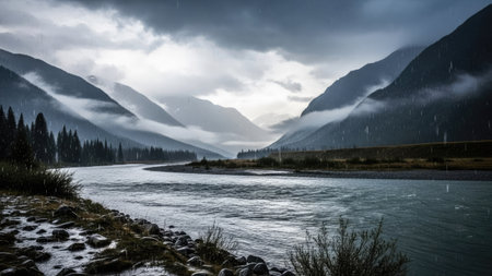 A scenic view presents a river flowing between large mountains under a dramatic, cloudy sky. The composition emphasizes natural elements and a subdued color palette of grays, greens, and whites. This imagery is suitable for various commercial uses, including travel promotions and environmental projects.の素材