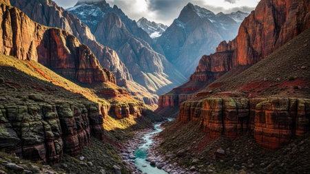 This image showcases a scenic vista featuring a deep canyon carved by a flowing river. The scene is dominated by towering rock formations in shades of brown and orange, contrasting with the blue sky. The composition emphasizes depth, inviting visual exploration of the natural environment. Suitable for travel and environmental publications.の素材