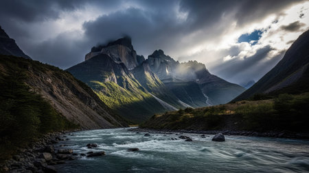 A majestic mountain range dominates the scene, with a flowing river cutting through the valley. The image displays a landscape with dark clouds and dramatic lighting, casting shadows and illuminating the terrain. The composition and style suggest editorial or commercial applications, highlighting the raw beauty of the natural world.の素材