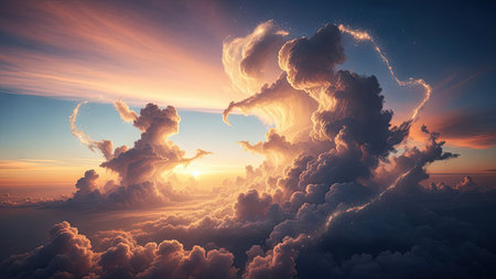 This image showcases a dynamic cloud formation bathed in warm sunlight. The composition emphasizes swirling, textured clouds in shades of orange, pink, and blue. The overall style suggests a painterly approach, suitable for evoking a sense of wonder. Suitable for various creative and illustrative applications.の素材