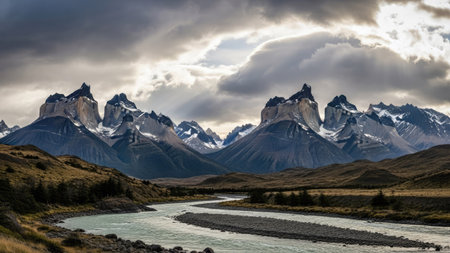 This landscape features towering, snow-capped mountains reflected in a winding river. The scene is dominated by a cloudy sky that provides dramatic lighting across the valley. The overall composition suggests a rugged, natural environment. It is suitable for commercial use in nature-related publications and marketing materials.の素材
