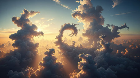 This image features dynamic cloud formations in a daytime setting, rendered in shades of gray and white. Sunlight pierces through the clouds, creating a bright, contrasting effect. The composition suggests an overhead perspective, possibly suitable for various commercial or editorial applications.の素材