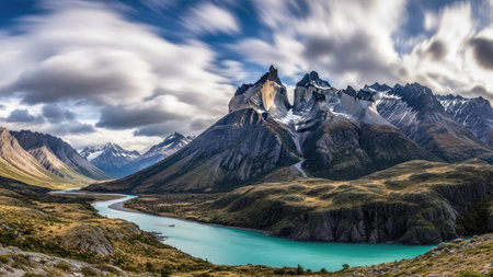 A stunning landscape features towering mountains, a winding river, and a vibrant sky filled with clouds. The scene displays various shades of green, brown, and blue, suggesting an outdoor environment. This image is suitable for various commercial uses, including travel brochures and environmental publications.の素材