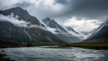 This landscape image captures a mountainous region with a flowing river beneath a heavily clouded sky. The scene showcases a palette of gray and green, with subtle textures from the water and rocky terrain. The overhead lighting suggests an overcast day, suitable for various editorial and commercial applications.の素材