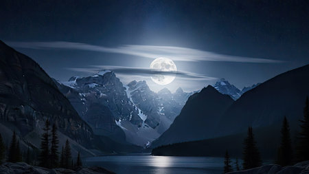 A nocturnal landscape showcases a mountain range beneath a bright full moon. The image displays cool tones, with dark silhouettes of the mountains and the moon's light illuminating the scene. This composition might be suitable for various creative projects, including editorial features or commercial advertising, conveying a sense of serenity.の素材