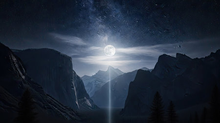 A nighttime landscape presents dark mountain ranges and a glowing full moon. The composition features a celestial element with light rays. Suitable for various projects, the image has potential for commercial or editorial applications. The color palette primarily consists of blues and blacks, with a focus on contrasting light and shadow.の素材