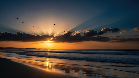 The image depicts a vibrant sunset over a calm ocean, with dark clouds and birds silhouetted against the bright sky. Warm yellow and orange hues dominate the scene, contrasted by darker blues and grays. The wet sand reflects the sunlight, and it would be suitable for various commercial or editorial uses.の素材