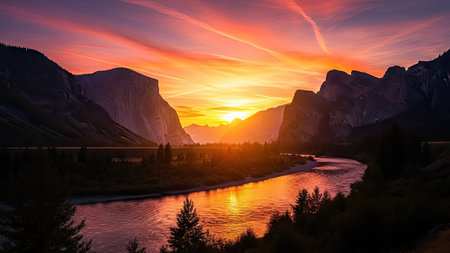 A stunning sunset illuminates a landscape featuring a mountain range and a river. The scene showcases vibrant colors, including orange, red, and purple hues in the sky and their reflections in the water. This natural vista may be suitable for scenic imagery in various creative and promotional contexts.の素材
