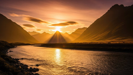 A scenic landscape captures a sunset over mountains and a river. The composition displays warm hues, with the sun casting rays through the clouds. This image presents a sense of tranquility. Suitable for various projects, including websites, illustrations, or advertising materials.の素材