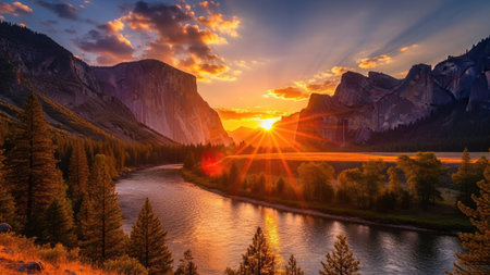 A scenic landscape showcases a river winding through majestic mountains as the sun sets. The image is rich with warm colors, featuring gold and orange hues illuminating the sky and reflecting on the water. The composition highlights the natural beauty suitable for various editorial and commercial applications.の素材