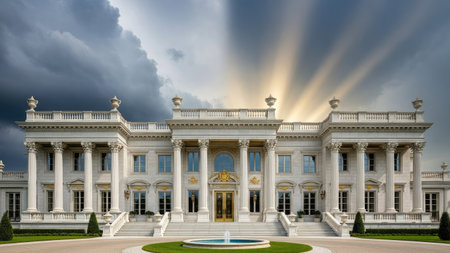 This image features a large, stately building with classical architectural elements, including columns and steps. The exterior presents a clean white facade, complemented by a reflecting pool. The overhead view, with dramatic sunlight, contributes to the overall impression of grandeur. Suitable for use in promotional materials or editorial content.の素材