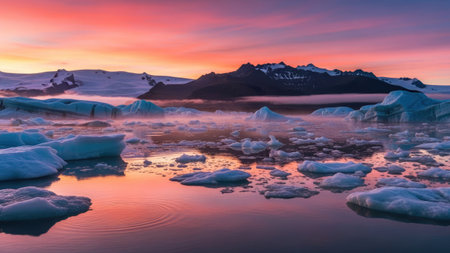 An aerial view showcases an ice-filled water body reflecting a vibrant sunset. The composition features numerous ice fragments, mountainous silhouettes, and a sky blending orange and red hues. The image's lighting enhances the textures and forms, ideal for various commercial and editorial applications.の素材