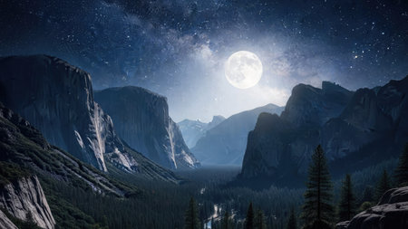 A stunning night landscape showcases a full moon illuminating mountain peaks and a valley. The image features a vibrant starry sky and a stream flowing through the valley. The composition and lighting create a dramatic and beautiful scene suitable for various commercial or editorial uses.の素材