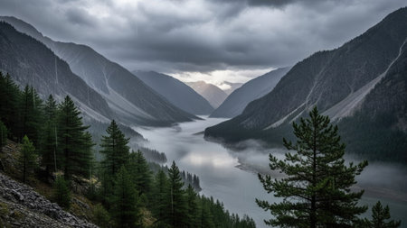 A scenic vista presents a mountain range, a calm lake, and forest. The overcast sky and low-hanging clouds create a moody atmosphere. Colors include shades of green, gray, and brown. The image could be suitable for editorial content, travel features, or landscape photography.の素材