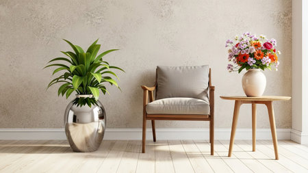 An interior composition showcases a wooden chair between vibrant flowers and a decorative potted plant. The image highlights a neutral-toned wall and natural light that accentuates the textures. This indoor scene suggests a welcoming atmosphere, potentially suited for lifestyle, home decor or design-related content.の素材