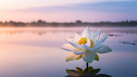 A pristine white lotus flower, with yellow center, gracefully floats on a serene body of water. The composition highlights the flower's intricate petals and their reflection. The scene is bathed in soft, diffused light, suggesting early morning. Ideal for imagery representing peace, beauty, and meditation purposes, the image may be used for a variety of projects.の素材