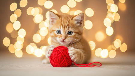 A ginger kitten holds a red yarn ball in its paws, set against a soft bokeh background of warm, blurred lights. The image showcases the playful interaction in a studio-like setting, highlighted by focused lighting. This image could be used for various commercial or editorial purposes, promoting themes of pets and leisure.の素材