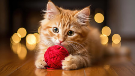 A fluffy ginger kitten enjoys playing with a ball of red yarn, presented against a blurred background of warm bokeh lights. The scene is lit with soft lighting, highlighting the cat's fur and the texture of the yarn. Suitable for various editorial and commercial applications, it evokes a sense of warmth and play.の素材