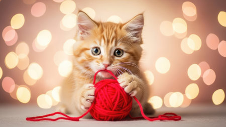 An orange kitten is featured playing with a red ball of yarn. The image displays the cat in a studio setup with warm, soft lighting and a blurred bokeh background. The composition highlights the kitten's playful interaction. Suitable for various commercial and illustrative purposes.の素材