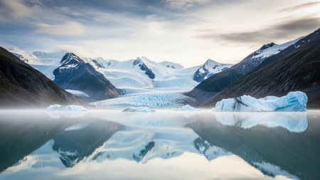 A tranquil landscape depicts a glacial lake surrounded by towering mountains with snow-capped peaks. Soft light illuminates the scene, enhancing the textures of the water and ice. The image portrays a natural environment suitable for various commercial and editorial applications that require scenic views.の素材