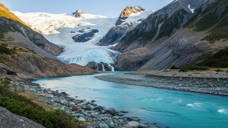 A glacier river winds its way through a rugged mountain valley, showcasing ice and snow against the backdrop of imposing peaks. The image displays a clear blue sky, enhancing the natural colors of the landscape. Suitable for environmental, travel, or editorial content, it captures the beauty of nature.の素材