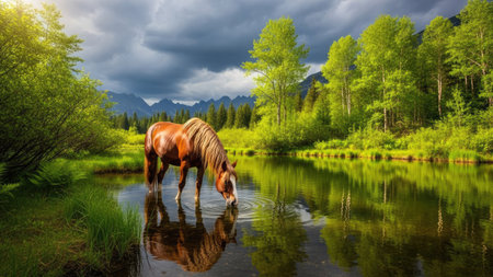 A brown horse is drinking water from a calm lake in a lush green environment. The image features the horse's reflection in the water, under a dramatic cloudy sky. Abundant trees and vegetation surround the lake, with soft sunlight. This image is suitable for various commercial uses related to nature and animals.の素材