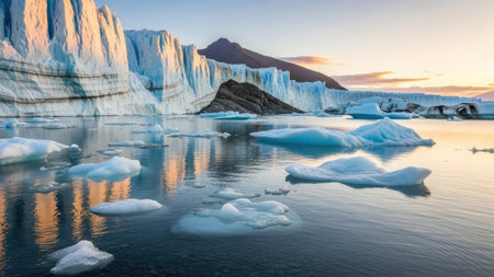 An aerial view presents icebergs floating on water, reflecting the sky and mountain peaks. The scene features light and shadow interplay, with a focus on textures. The photograph may be suitable for environmental awareness campaigns, travel brochures, or editorial content.の素材