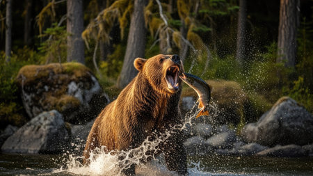 A brown grizzly bear is captured in action, catching a fish in a splash of water. The scene shows the bear with its mouth open, showcasing its teeth and the fish. The background features a forest with green trees, creating a natural environment. Suitable for editorial and commercial use.の素材