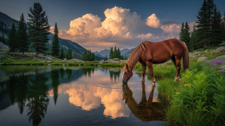 A brown horse drinks from a serene lake reflecting a dramatic cloudy sky. The image displays a natural outdoor setting with lush greenery, tall trees, and mountainous terrain. The scene is illuminated by soft sunlight and could be suitable for various commercial or editorial applications.の素材