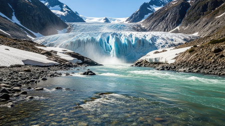 A striking landscape showcases a massive glacier cascading into a vibrant turquoise river. The scene is dominated by snow-capped mountains and a clear sky, illuminated by sunlight. The composition emphasizes natural elements, suitable for environmental projects or visual storytelling.の素材