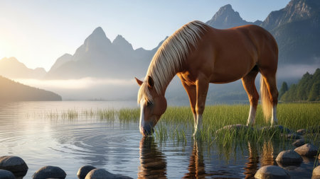 A brown horse is drinking water from a tranquil lake with mountains in the background. The image showcases soft lighting, creating a serene and idyllic atmosphere. This scene is likely outdoors, featuring a natural setting with visual elements that could be suitable for various editorial and commercial projects.の素材
