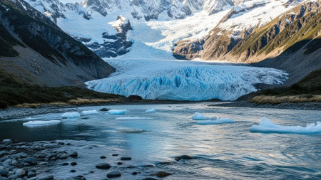 A stunning landscape presents a glacier flowing into a river. The scene showcases cool tones with a bright sky. The composition emphasizes the natural environment with an abundance of copy space. It could be used for various purposes such as editorial or commercial projects.の素材