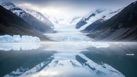 A tranquil landscape depicts a glacial lake reflecting snowy peaks and a glacier. The image features cool tones and soft lighting, emphasizing the natural textures of ice, water, and rock. This serene scene could be suitable for environmental projects or travel publications seeking to convey the beauty of nature.の素材