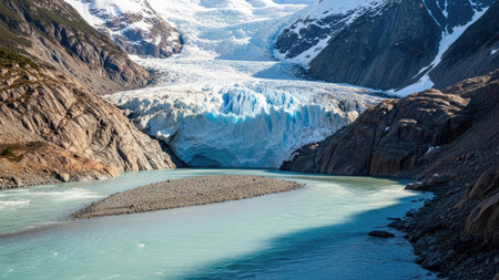 A stunning landscape depicts a glacier flowing into a turquoise lake, framed by rocky mountains. The image showcases natural textures with a play of light, shadows, and cool tones. It provides a visual that could be used for environmental, travel, or educational purposes.の素材