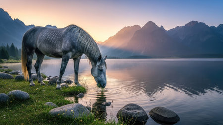 A horse drinks water at the edge of a serene lake. The image showcases the animal's interaction with the environment. The composition features soft lighting, cool tones, and a backdrop of mountains under a sunset. This scene is suitable for use in various commercial and editorial projects.の素材