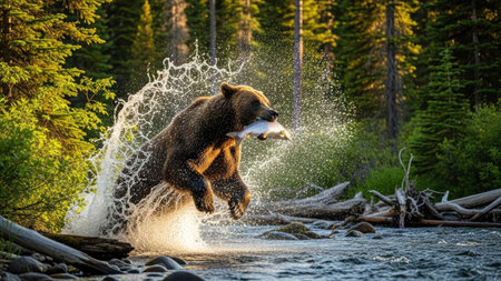 A large brown bear leaps from a river with a fish in its mouth. The image captures the dynamic action with splashing water, set against a backdrop of lush green trees and sunlight. The composition focuses on the animal's powerful form, suitable for illustrating wildlife or environmental themes.の素材