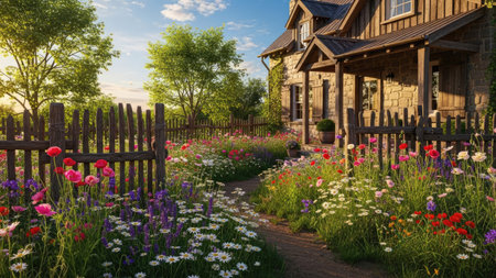 A charming cottage is framed by a flourishing garden in this image. Vibrant wildflowers of various hues bloom in a lush display. The scene is illuminated by soft daylight, enhancing the natural textures of the wooden fence and the building's facade. This image is suitable for use in lifestyle or decorative projects.の素材