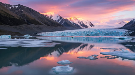 A scenic landscape showcases a glacier lake surrounded by mountains and an icy glacier. The composition features a mirror-like reflection of the colorful sunset sky on the water's surface. The lighting emphasizes the textures of ice and rock. This imagery could be utilized for various commercial and editorial applications.の素材