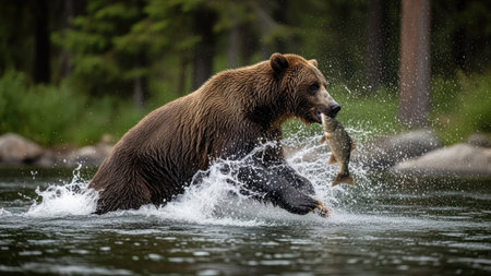 A brown grizzly bear is shown in a water environment, catching a fish. The image features a splash of water, depicting the bear's action. The composition includes details of the surroundings, suggesting an outdoor natural setting. This image is suitable for various commercial uses.の素材