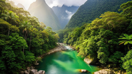 A vibrant landscape showcases a flowing river through a deep valley. The scene is dominated by dense green foliage, with varying shades and textures. Sunlight filters through, creating highlights and shadows. This imagery could be used for various commercial or editorial purposes, conveying a sense of natural beauty.の素材