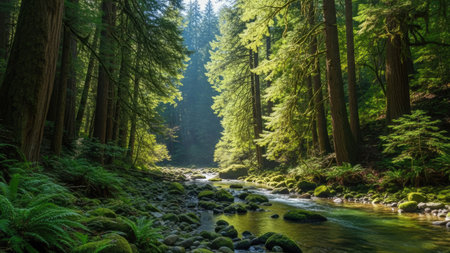 A tranquil forest scene showcases a river winding through towering trees. The image features vibrant green foliage and moss-covered rocks. Soft sunlight streams through the canopy, illuminating the water and creating a sense of depth and peacefulness. Suitable for various editorial and commercial applications.の素材